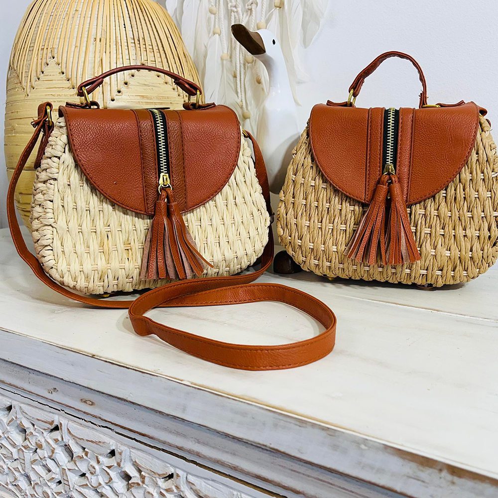 Rattan Shoulder Bag with Tan Leather