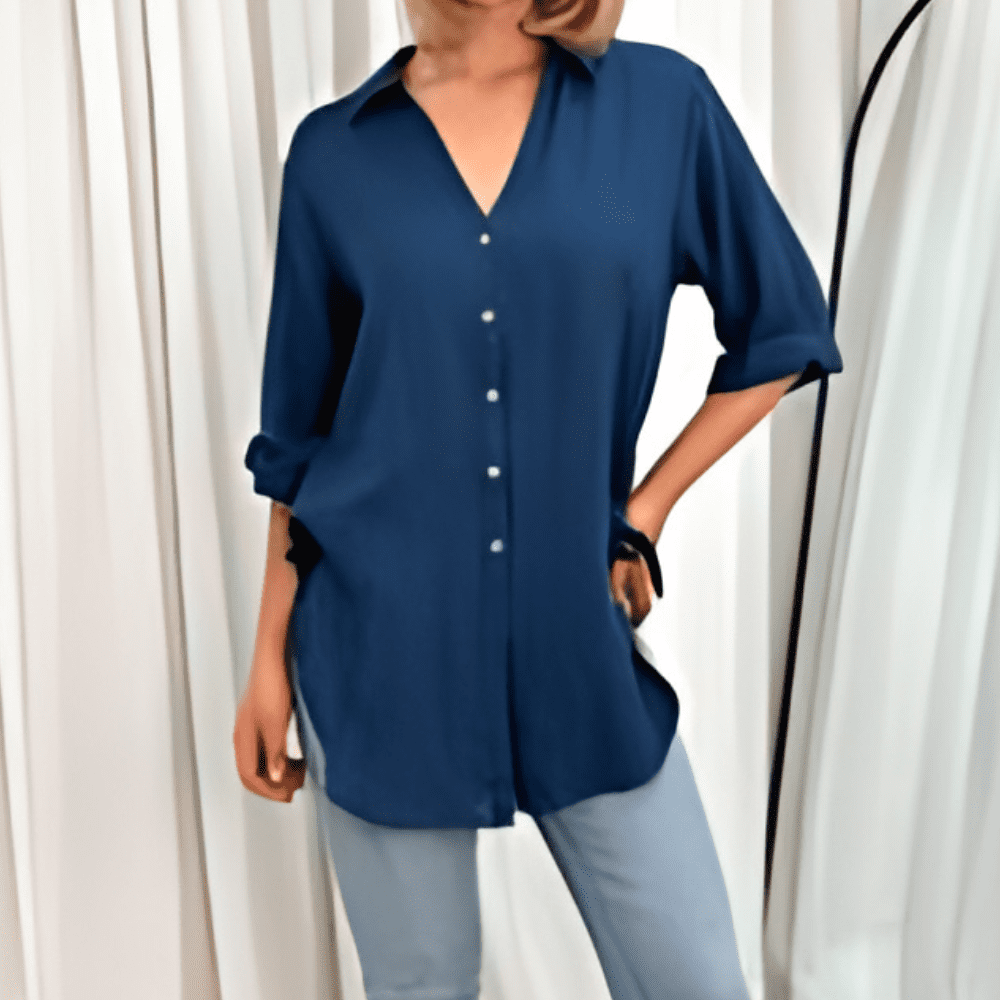 Ladies mid length button down shirt in navy
