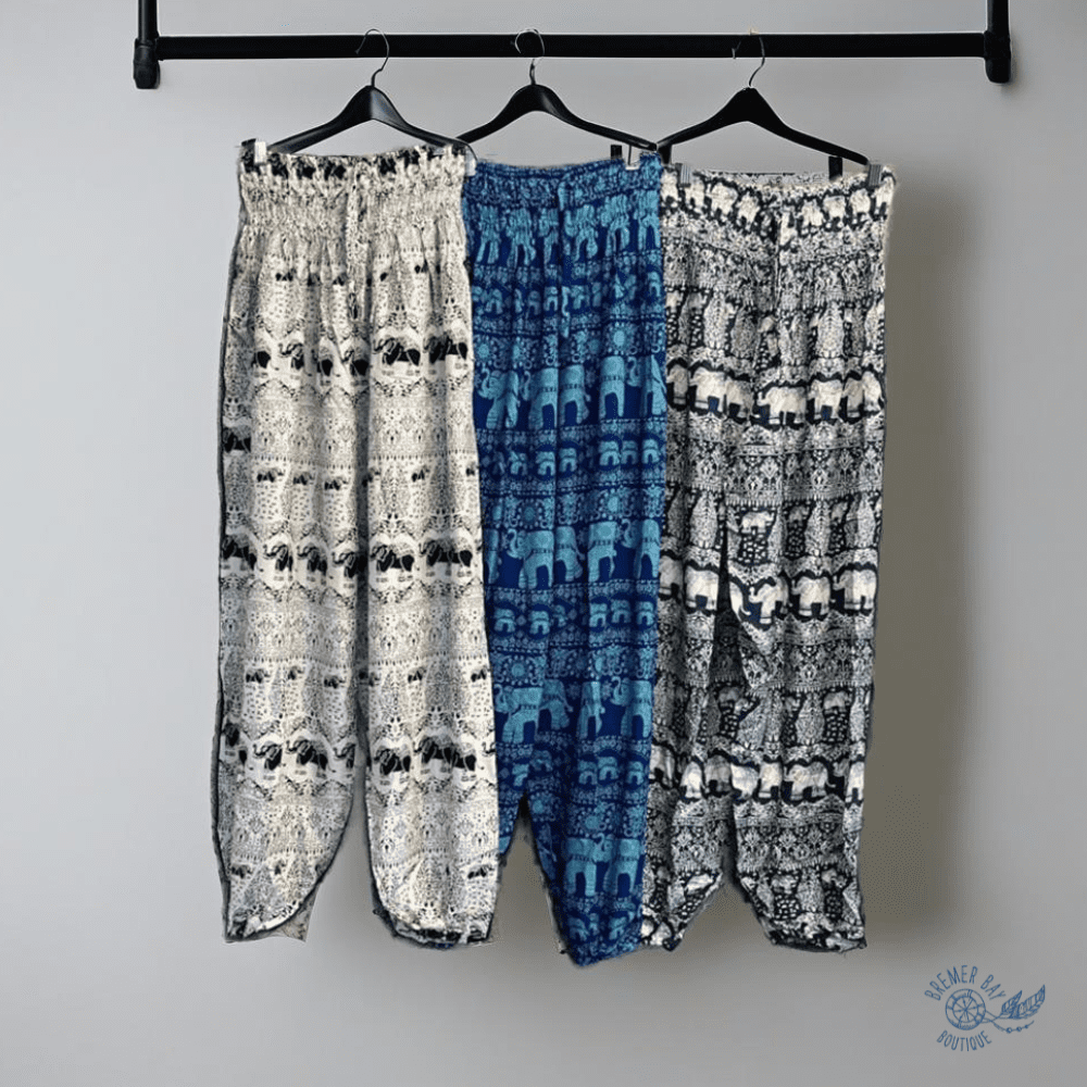 Harem pants with elephant print in white and black, blue and navy and grey